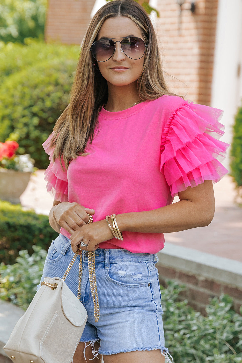Blouse rose à manches volantées en tulle-A WOMAN WE LOVE