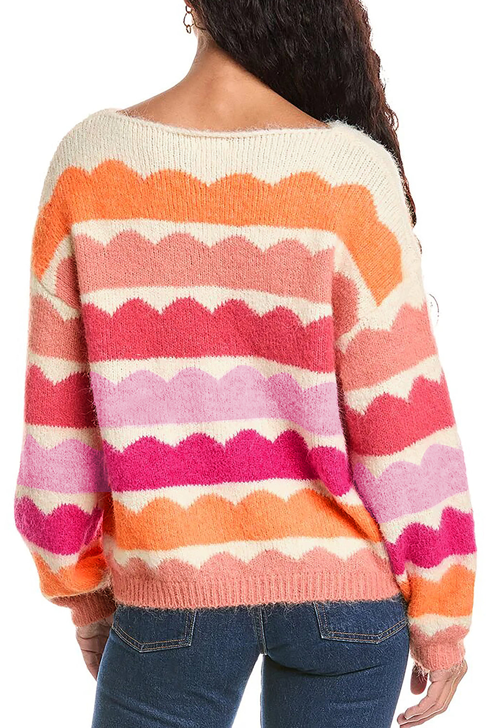 Pink red striped sweater with balloon sleeves and dropped shoulders