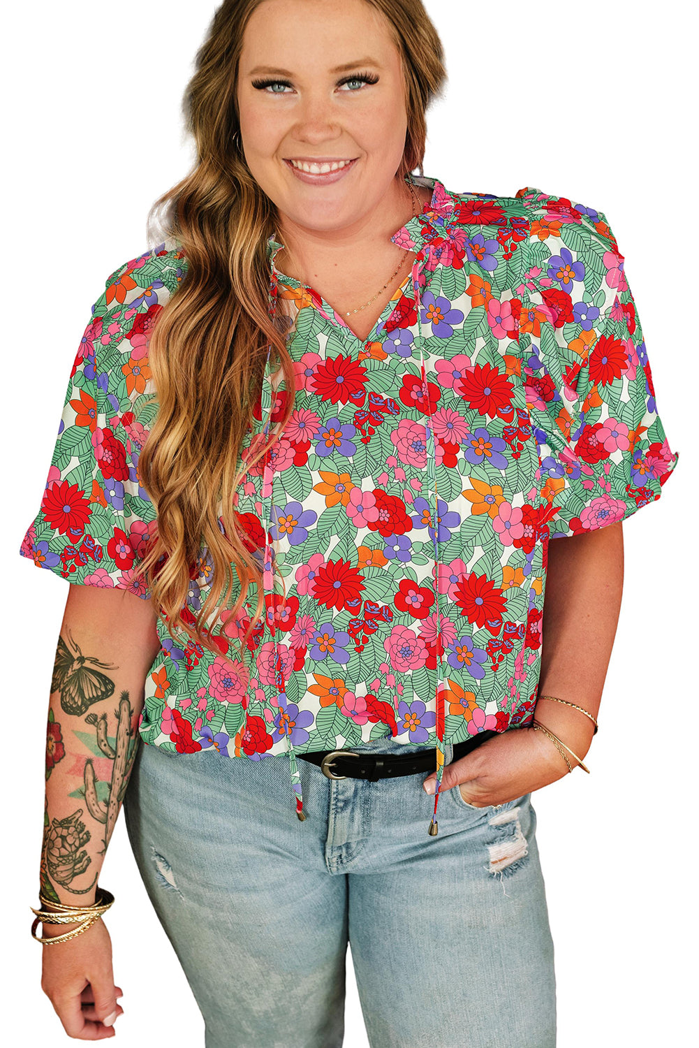 Multicolour Plus size Floral Flouffle V Neck Blobble Maniche