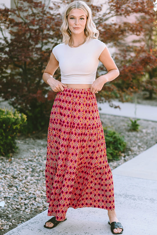 Long skirt with several levels with floral print bohemian vintage pink