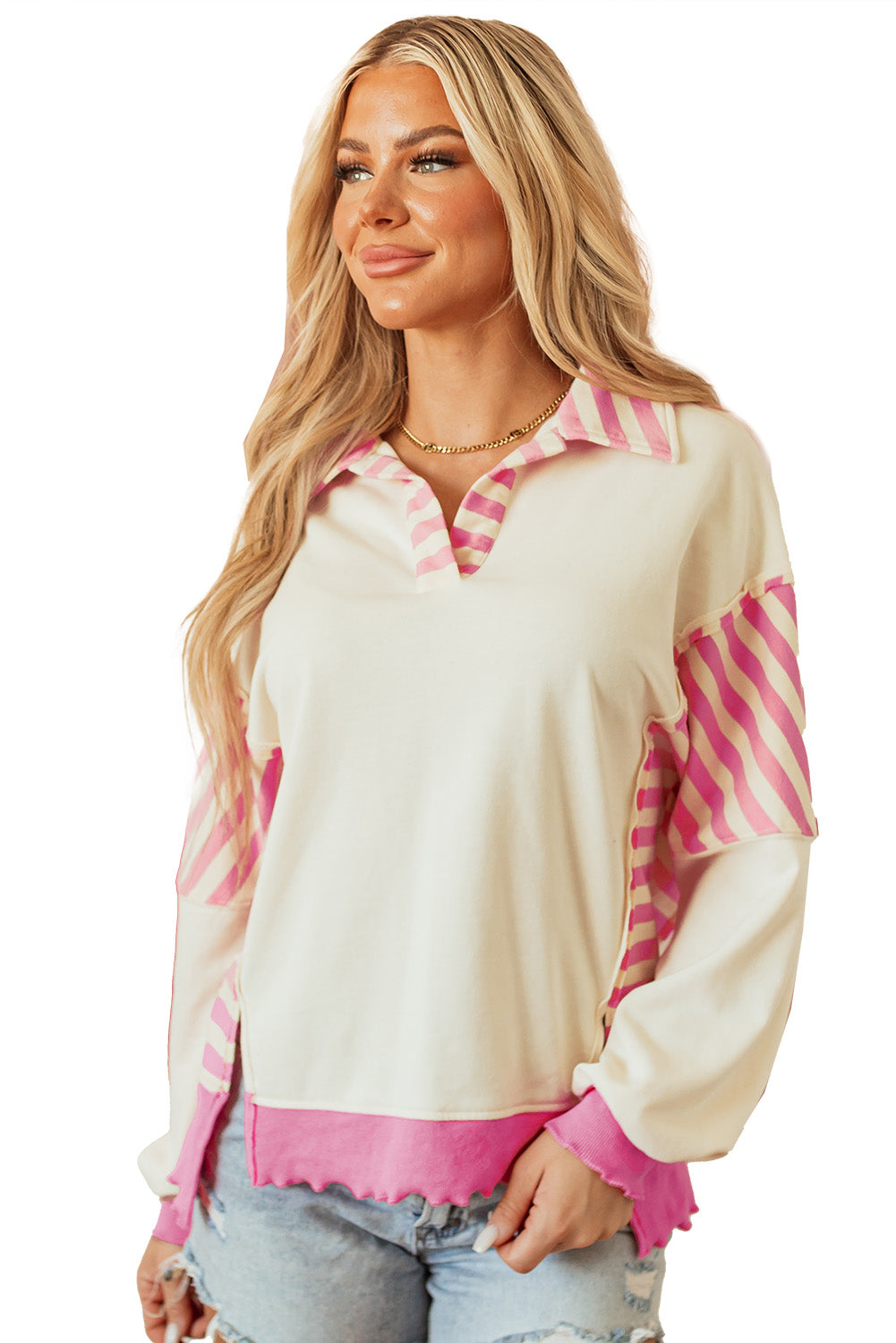 French Terry knitting top in patchwork collar and pink stripes