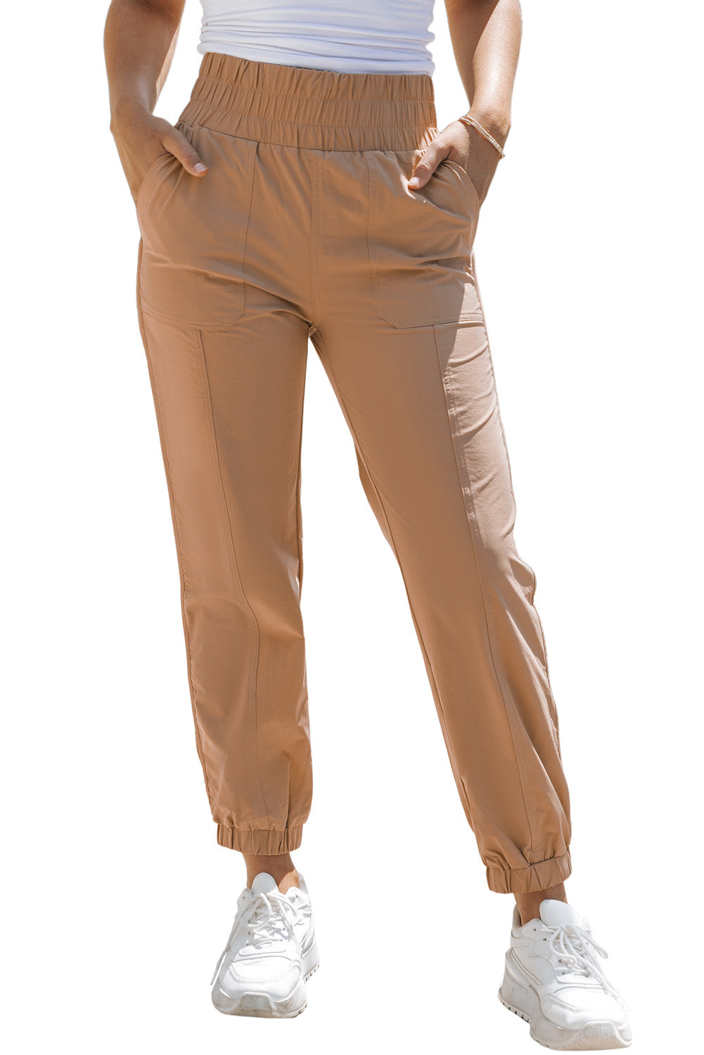 Khaki Smocked Elastic High Waist Joggers