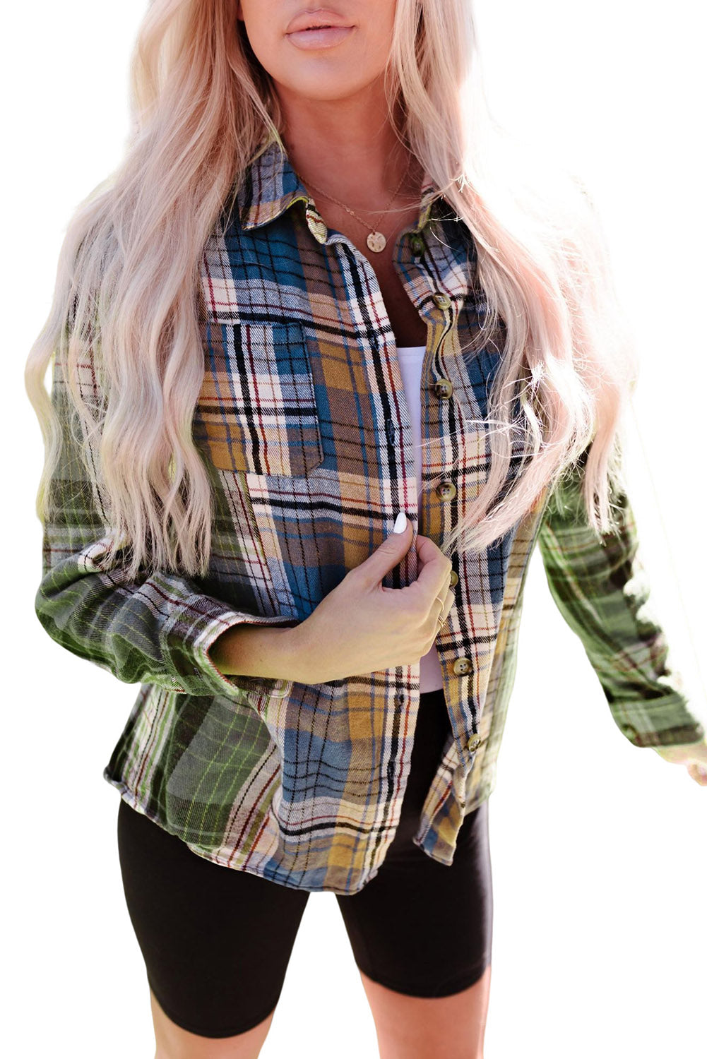 Green Chest Pockets Button Up Plaid Shacket