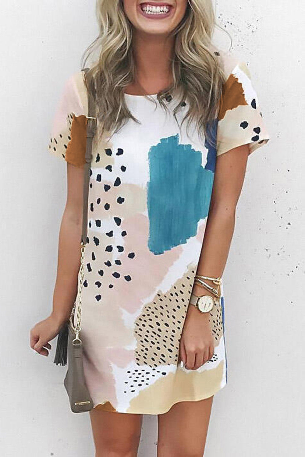 Light Blue Leopard Splicing Color Block Mini Dress