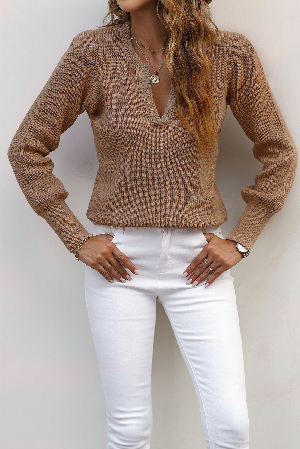 Brown Braided Notched V Neckline Puff Sleeve Knitted Sweater