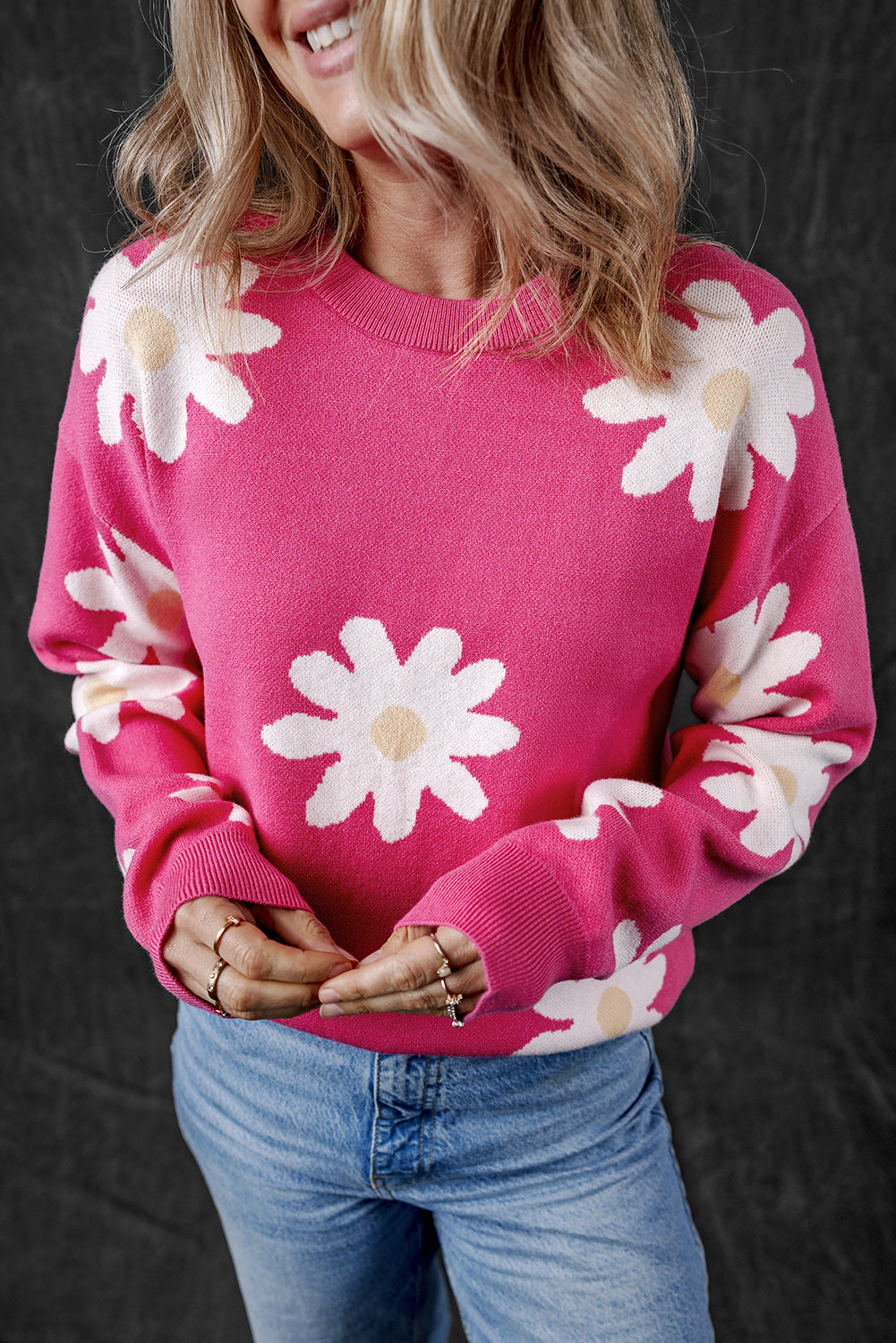 Hot Pink Daisy Flower Crew Neck Long Sleeve Sweater