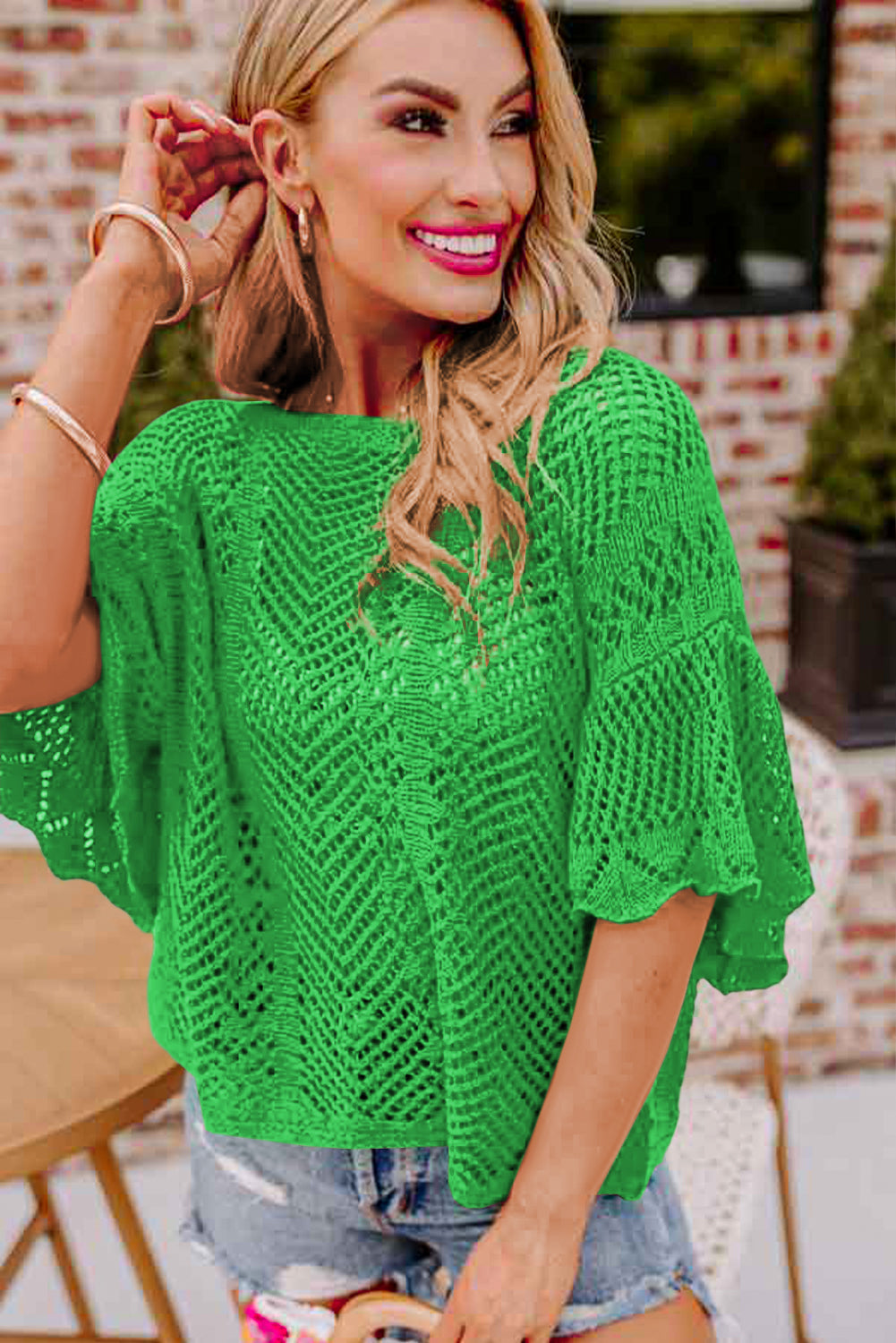 Green Pointelle Knit Scallop Edge de manga corta