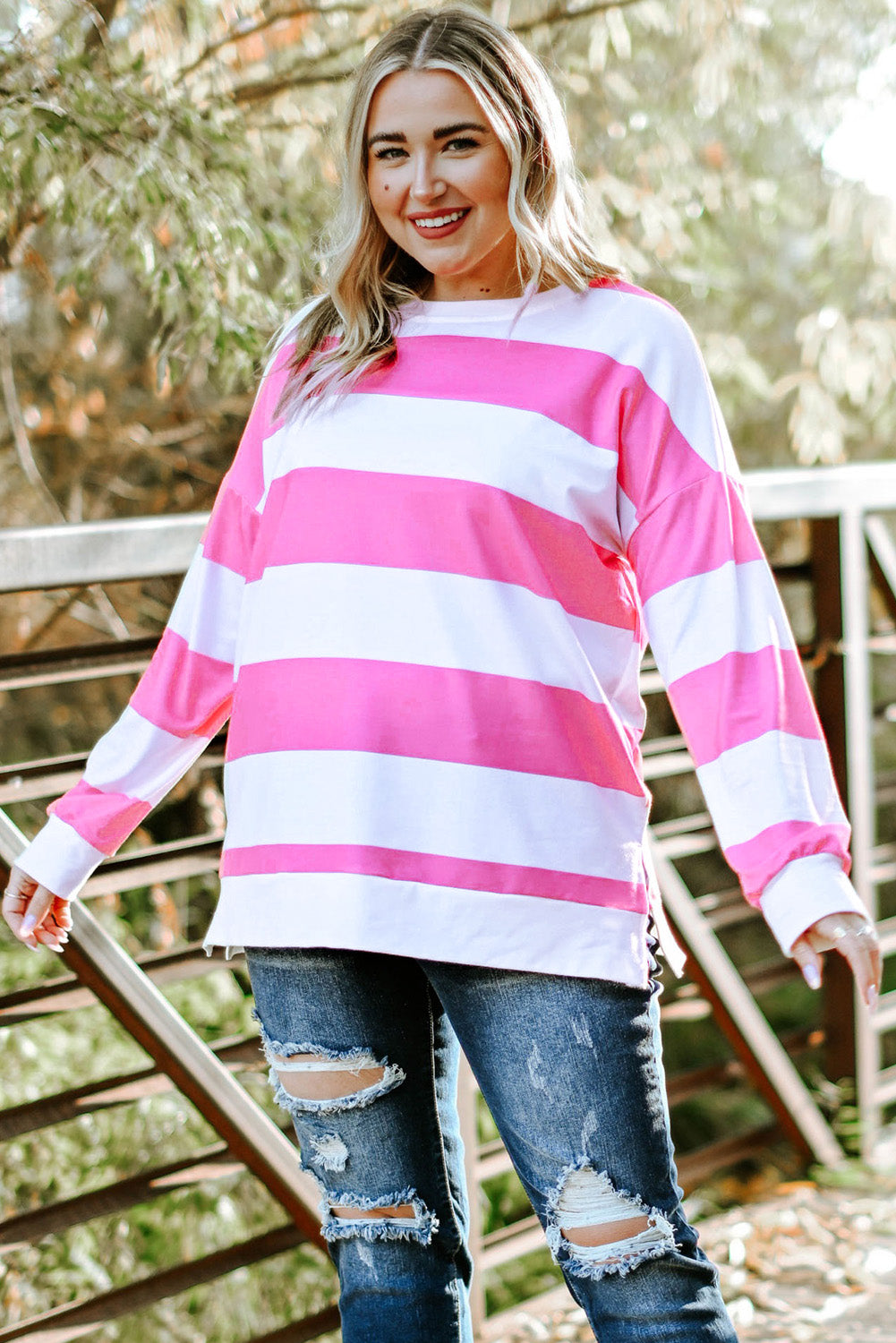 Pink Striped Side Slit Plus Size Sweatshirt