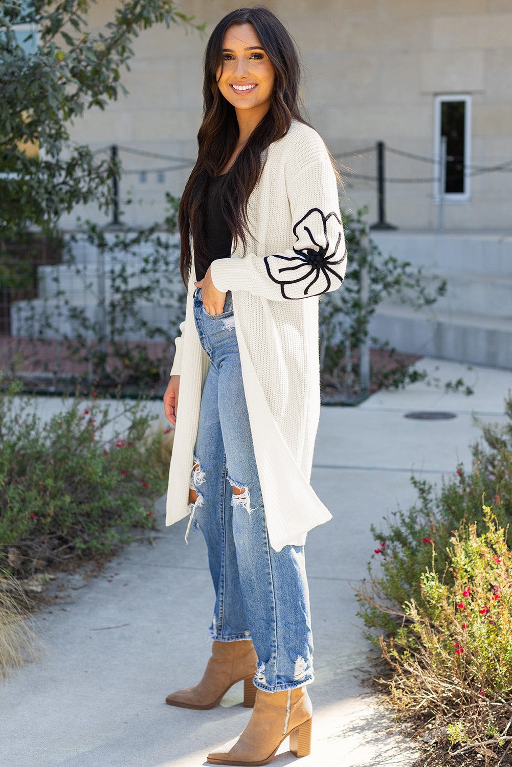 Beige floral embroidered drop shoulder open front cardigan