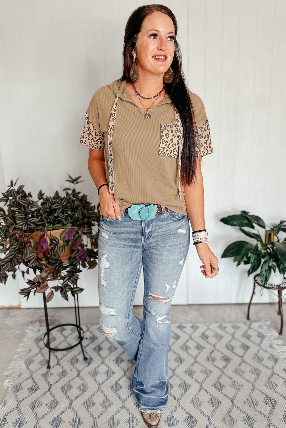 Khaki Leopard Patchwork Draw String Kapuze T -Shirt