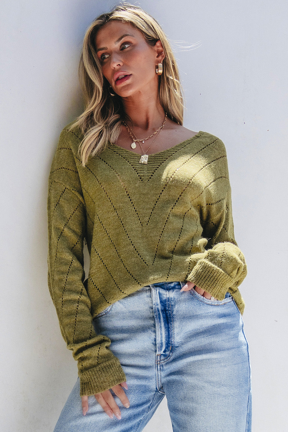 Sage Green V-Neck Drop Shoulder Sweater with Plain Eyelets