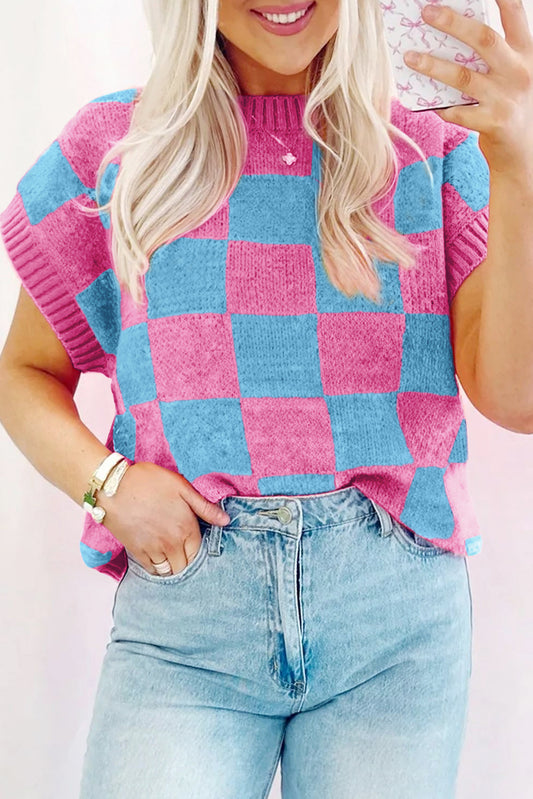 Sachet Pink Colorblock Plaid Muster Rippes Trimmpullover Tanktop