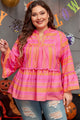 Vitality Orange - Plus Size Geometric Print Bell Sleeve Babydoll Blouse