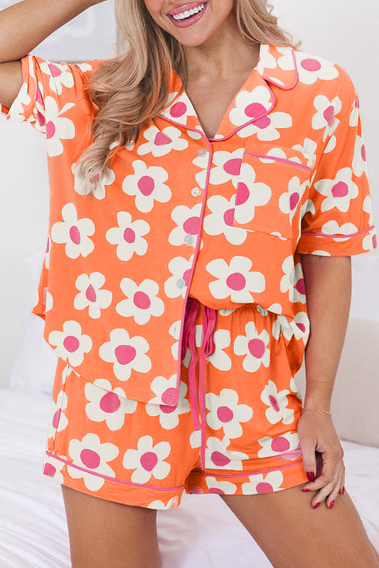 Orangefarbenes Blumendruck kurzärmeliges Hemd Pyjamas Set