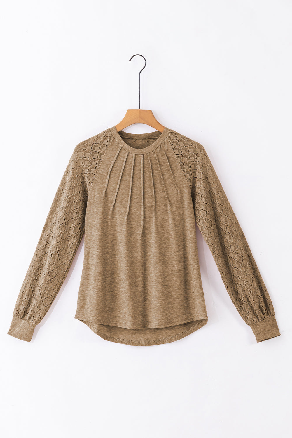 Haut à col rond et manches raglan en dentelle contrastée beige français clair