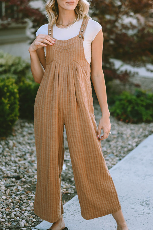 Brown Striped Pleated Jumpsuit with Pockets and Wide Leg