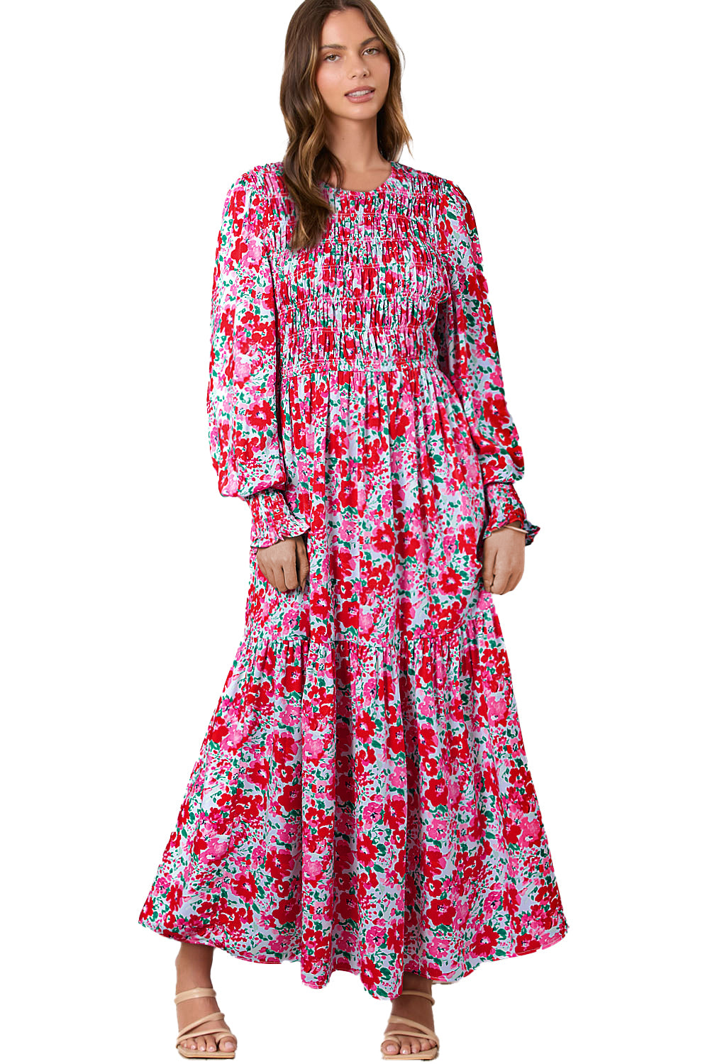 Robe longue à volants et manches lanternes smockées à imprimé floral bleu ciel