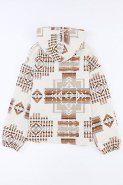 Beige Aztec Print Half-Zip Hoodie with Kangaroo Pocket