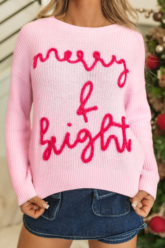 Pull rose en tricot gaufré avec lettres pop-up Merry & Bright