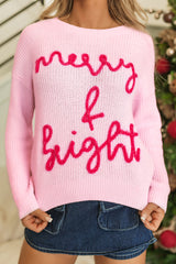 Pull rose en tricot gaufré avec lettres pop-up Merry & Bright
