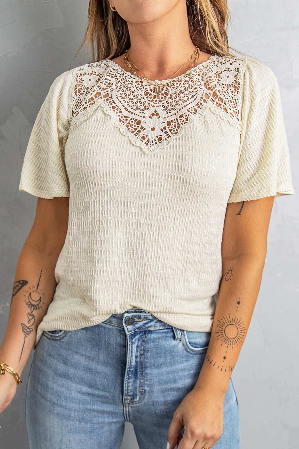 Abricot Crochet Splicing Flutter Sleve Top