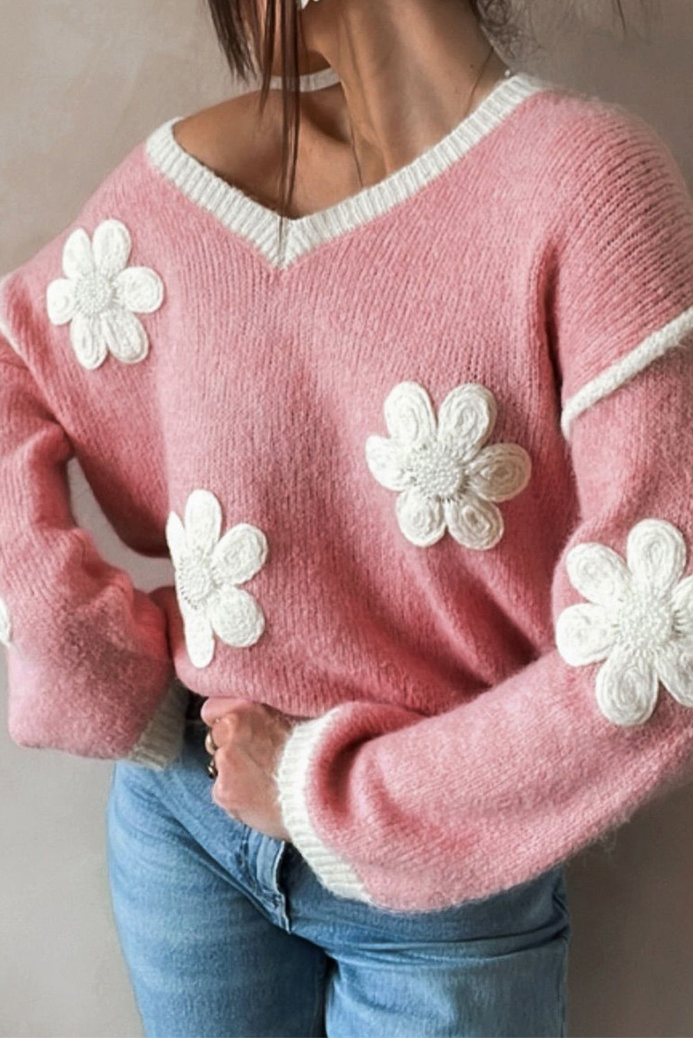 Pink Floral V-Neck Drop Shoulder Sweater