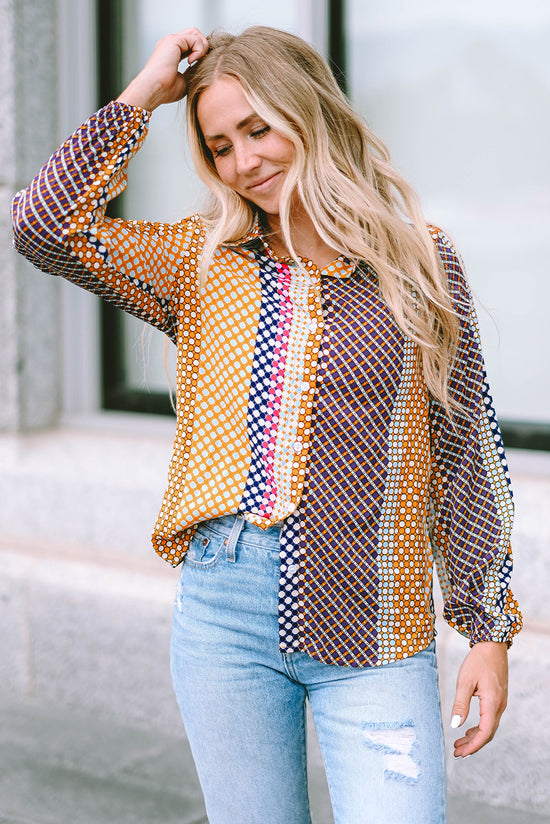 Long sleeve buttoned shirt and brown polka dot printed