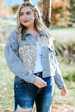 Plus Size Blue Leopard Ripped Short Denim Jacket