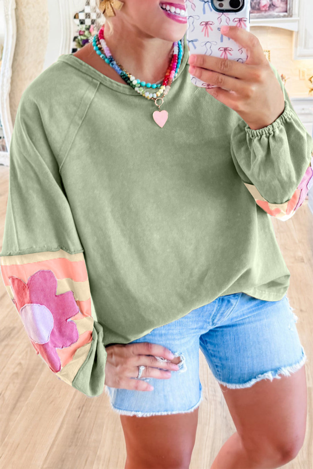 Smoke Green Flower Patchwork Raglan Sleeve Exposed Seam Overszed Top