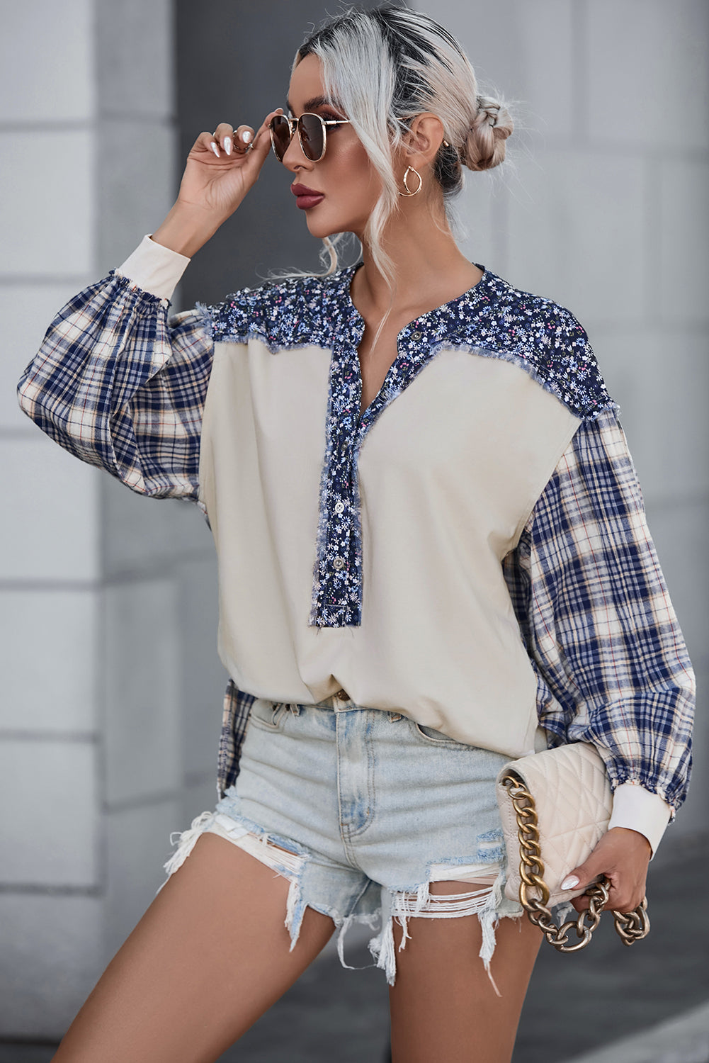 Blue Floral Plaid Mixed Print Bishop Sleeve Patchwork Top