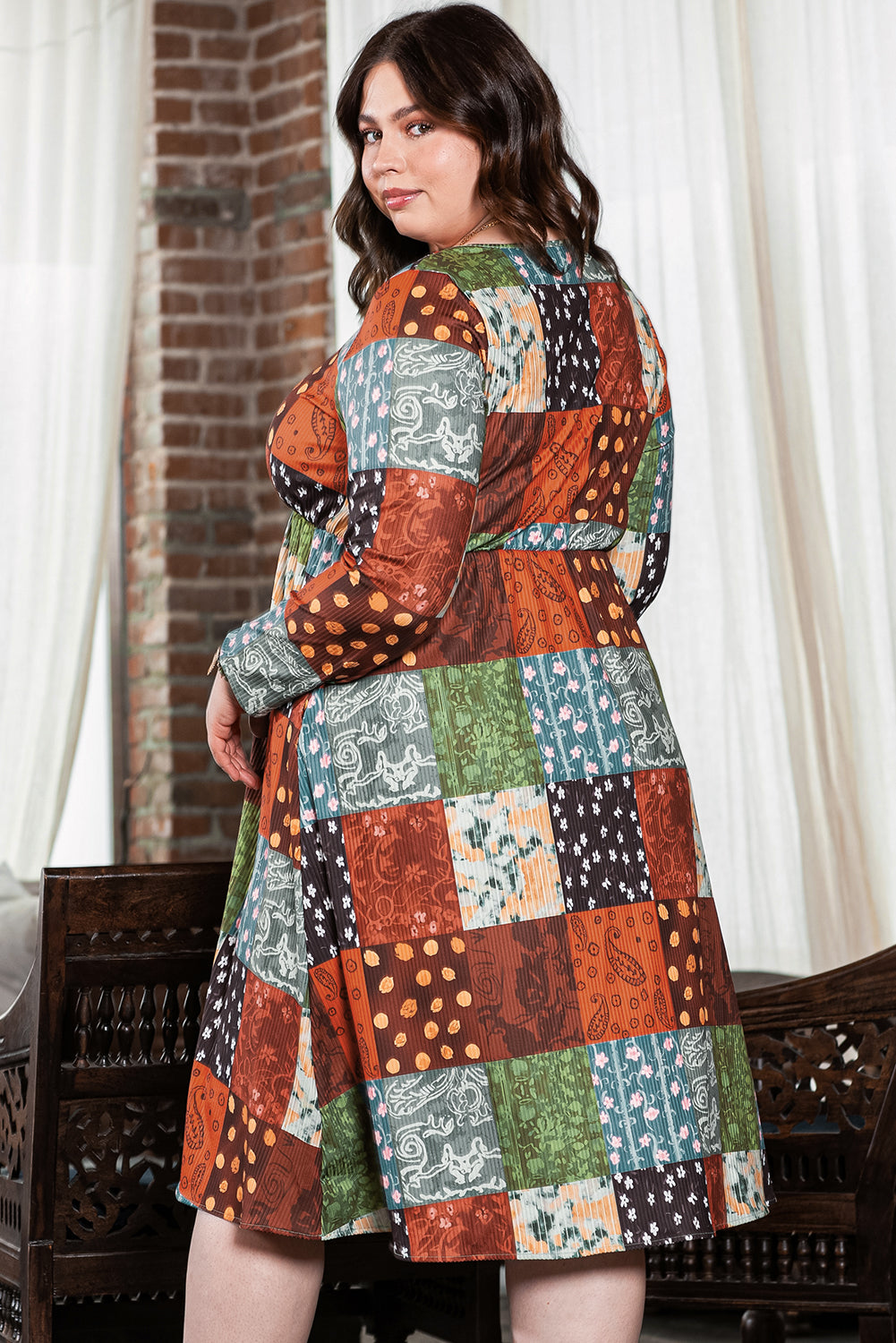 Robe trapèze à carreaux Western multicolore imprimée de grande taille verte