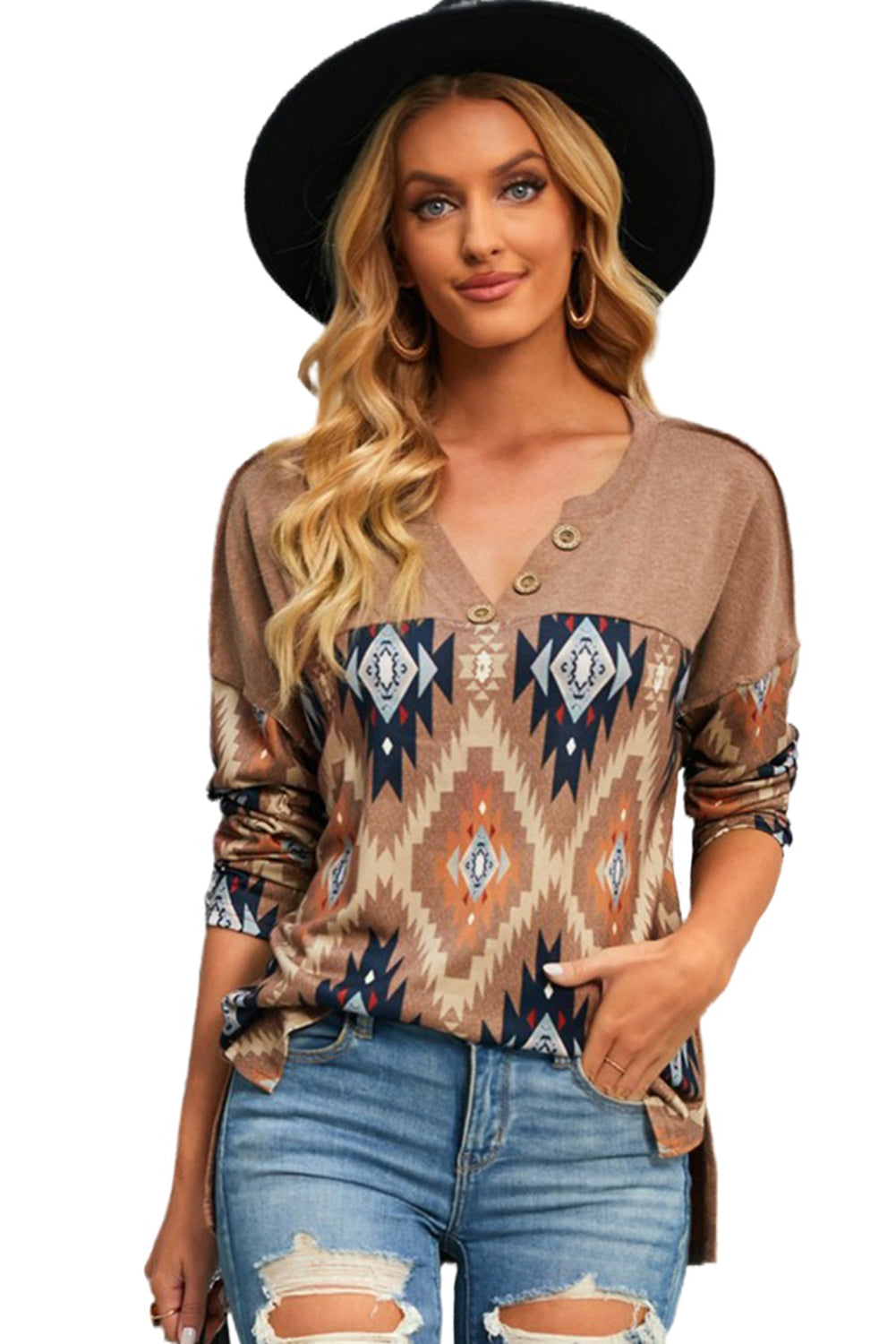 Brown Western Aztec Print Buttoned V Neck Top