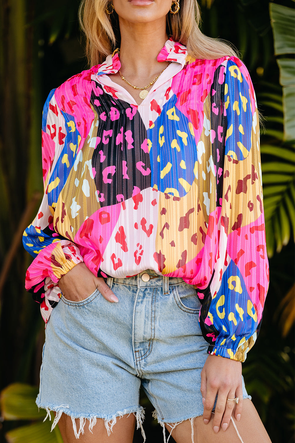 Chemisier plissé à imprimé léopard rose et patchwork-A WOMAN WE LOVE