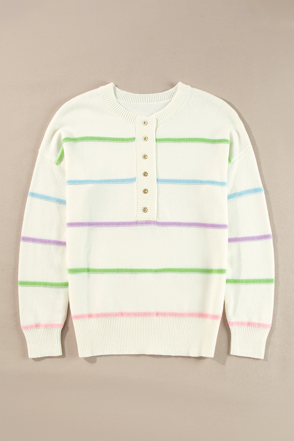 White Rainbow Striped Drop Shoulder Baggy Henley Sweater