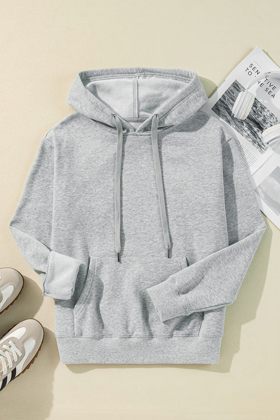 Hooded hoodie with tightening lined in fleece of light gray colored with pocket