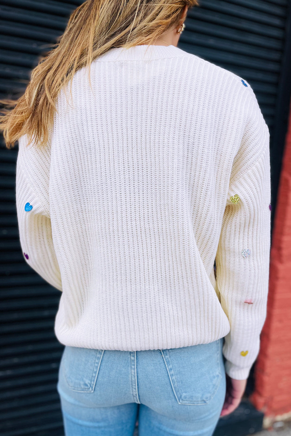 Beige Sequin Heart Waffle Knit Crew Neck Sweater