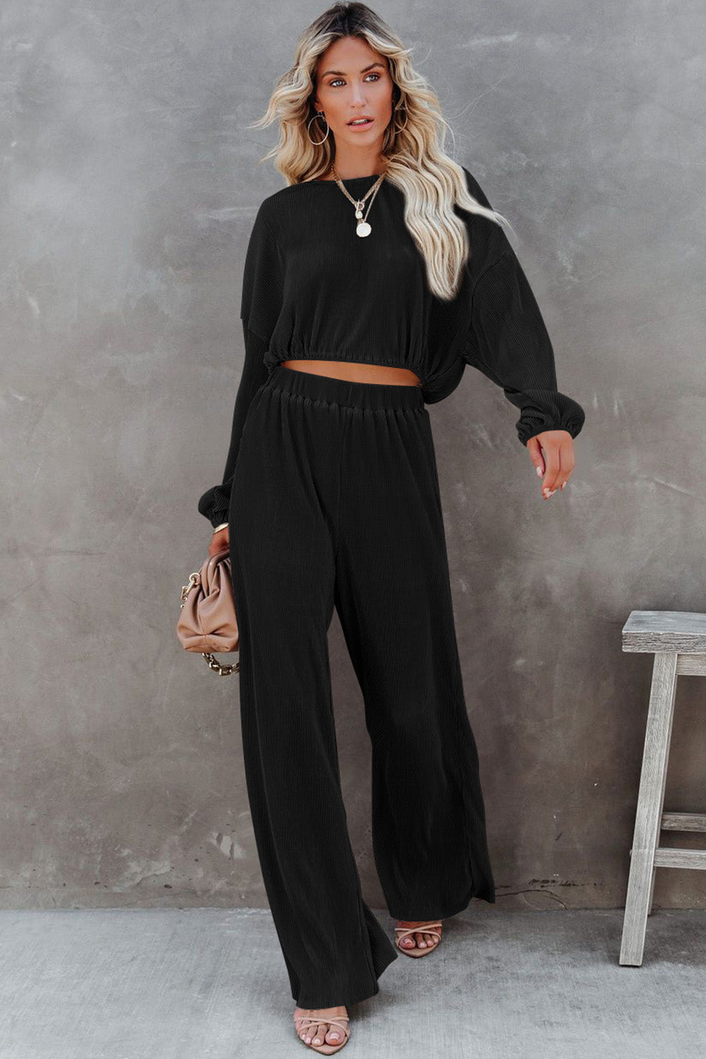 Black cord cropped sweater and wide leg pants set