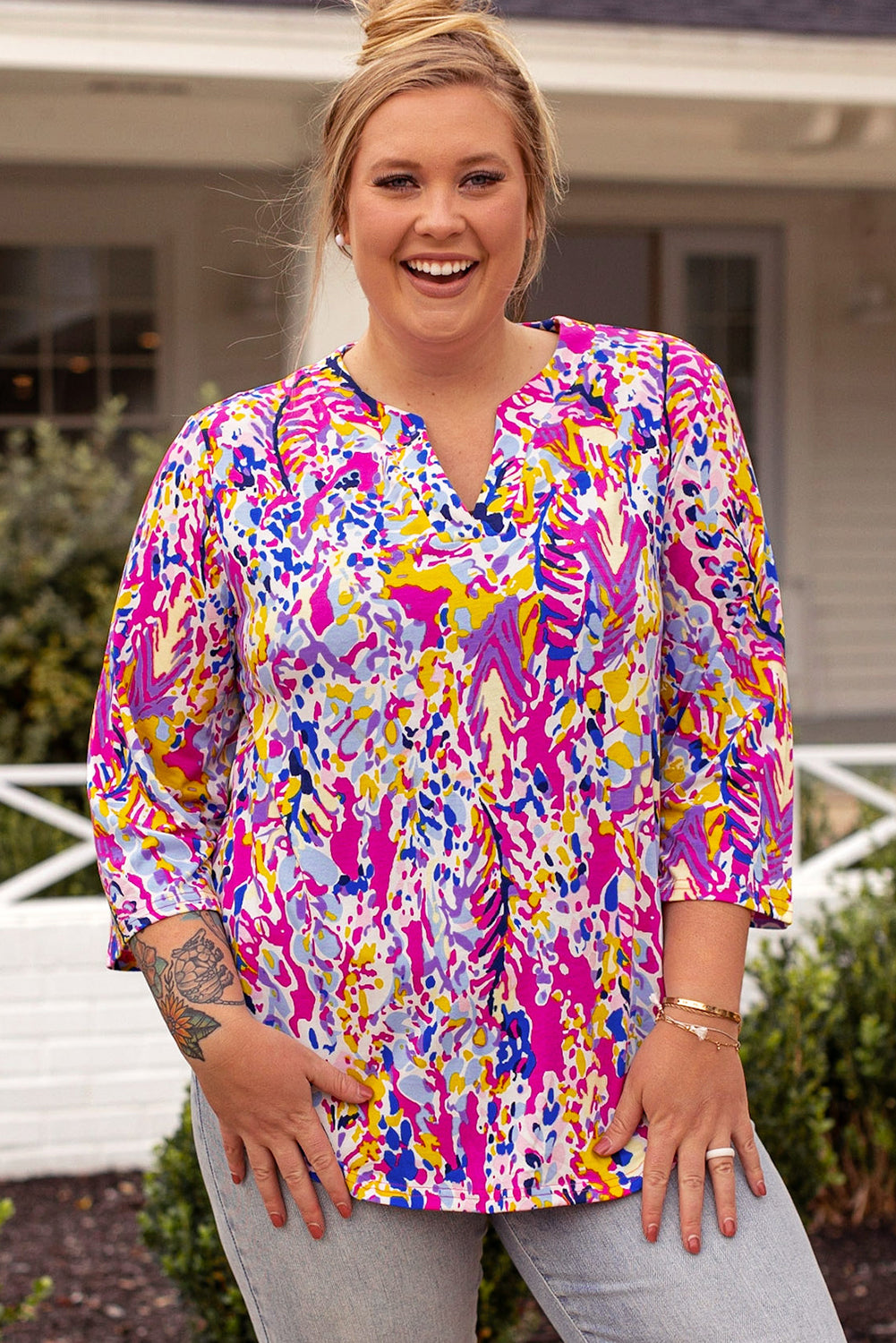 Multicolor Printed 3/4 Sleeve Split Neck Plus Size Tunic Top