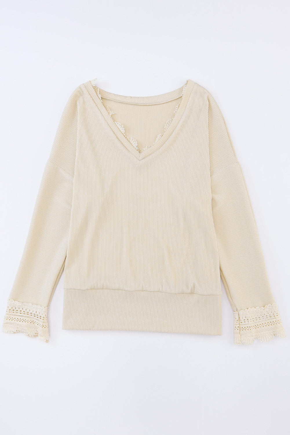 Apricot Ribbed Texture Lace Trim V Neck Long Sleeve Top