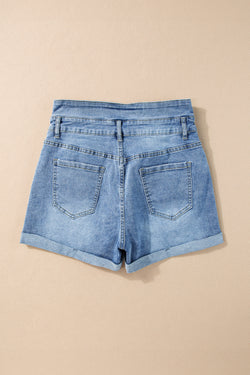 Twilight blue high waisted denim shorts with button fly and rolled cuffs