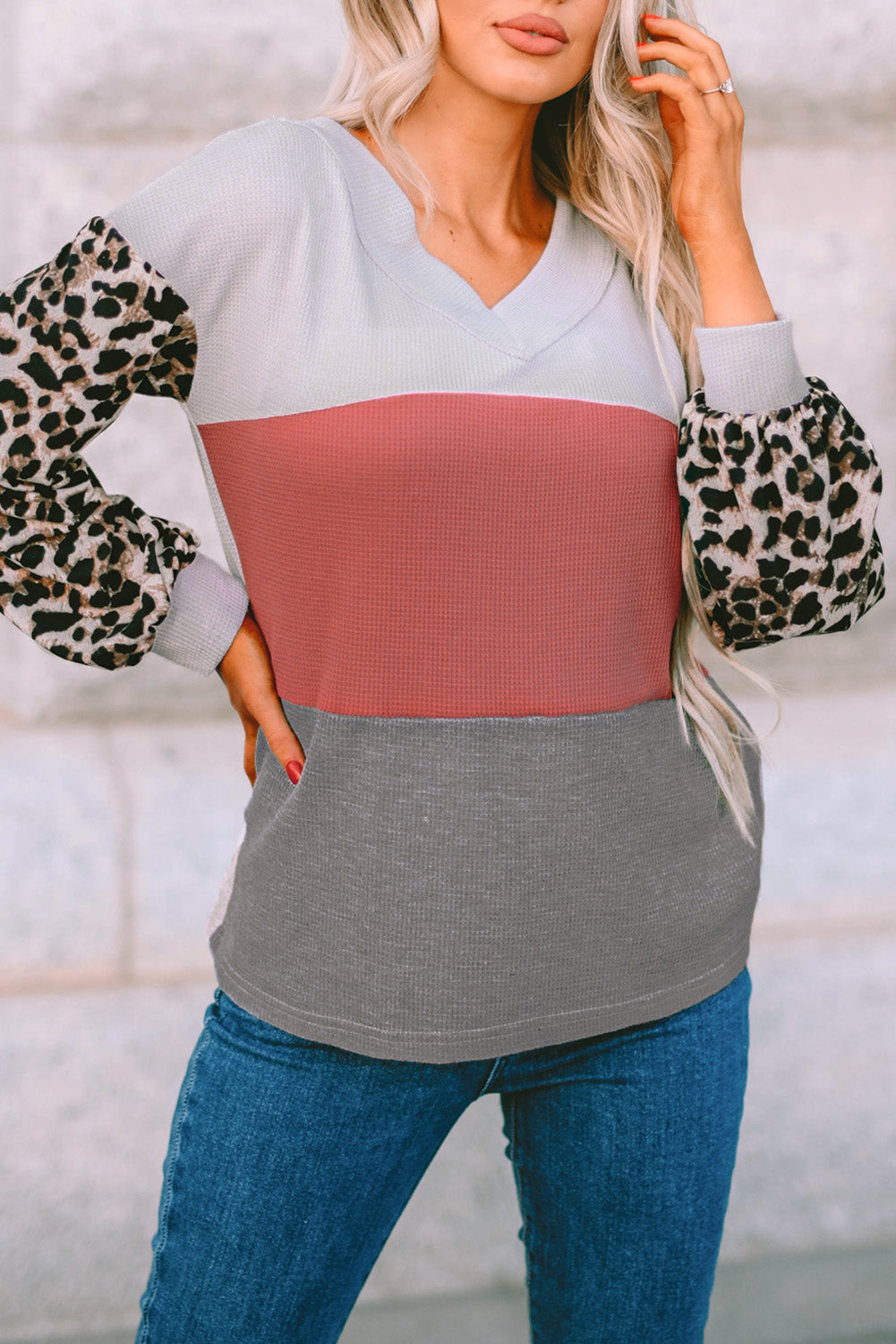 Bright Red Wild Leopard Contrast Sleeve Color Block Waffle Knit Top