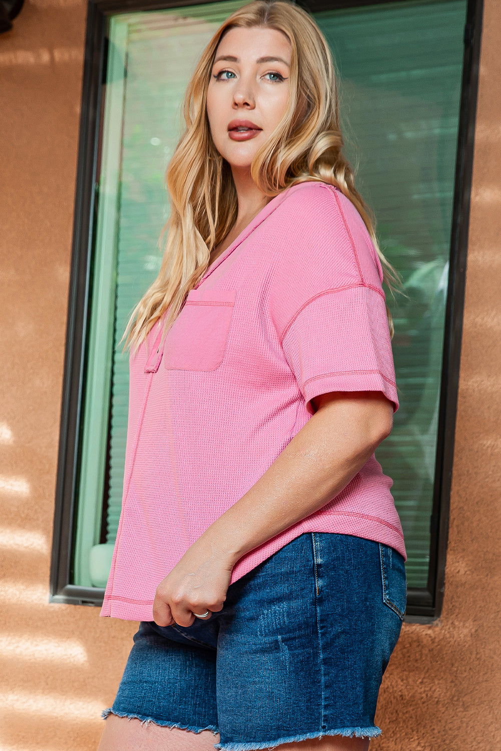 Pink Plus size Waffle Muntiiola Exposed Seam Vley T-shirt Henley