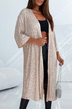 Apricot Sequined 3/4 Sleeve Open Wrap Kimono