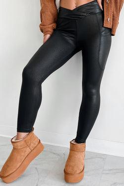 Black high waisted crossover leggings with pockets