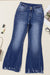 High-waisted, double-button, distressed, raw-hem, sail blue flared jeans