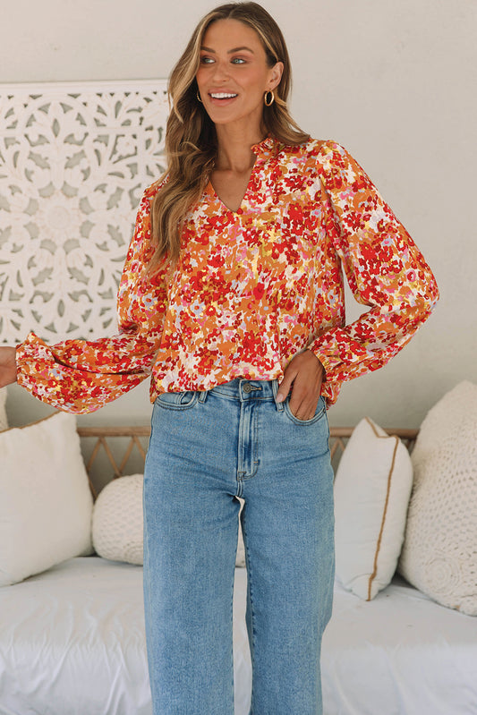 Grapefruit Orange Frilled Split Neck Bubble Sleeve Floral Blouse