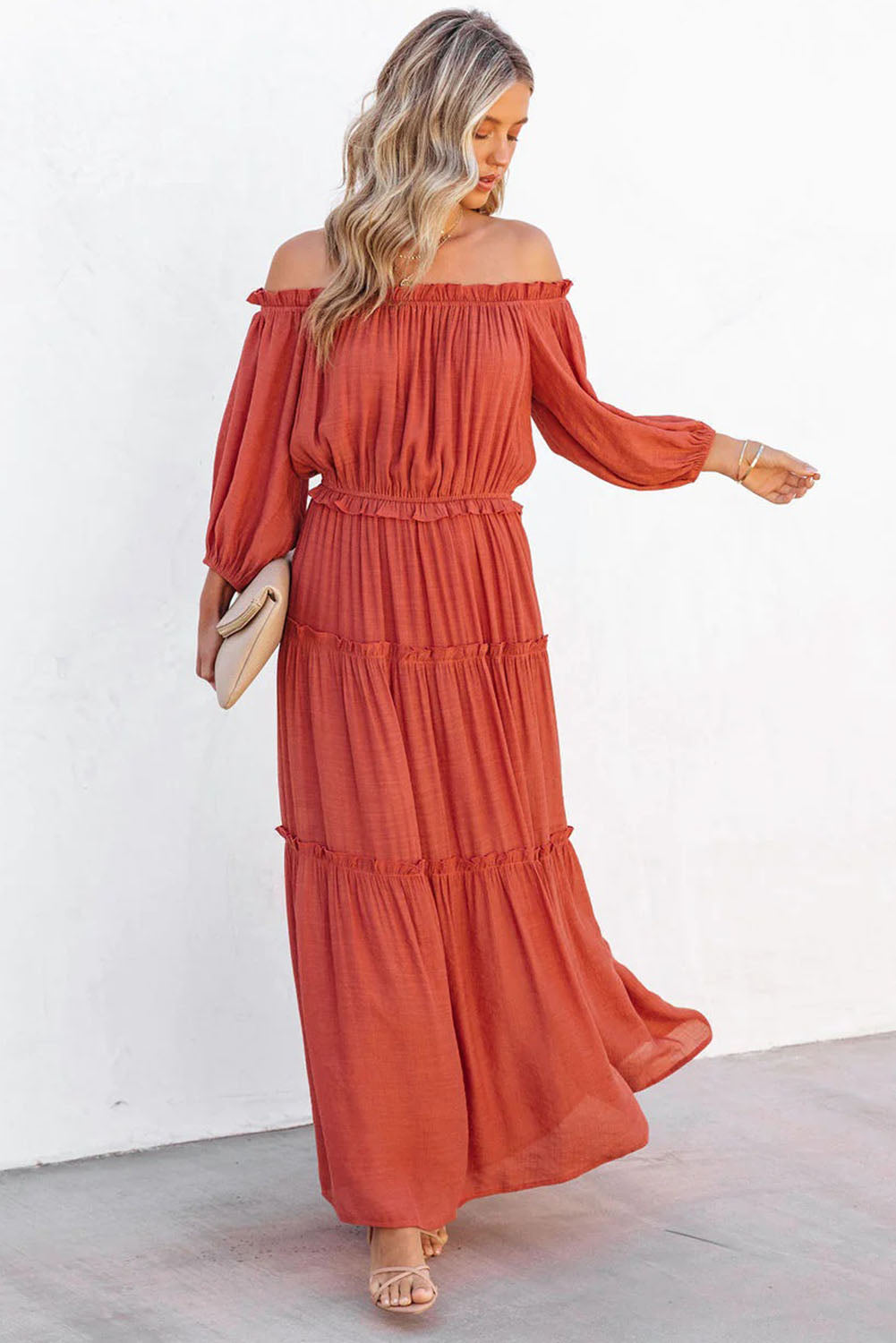 Orange Off Balloon Balloon Soueve Coupte Ruffled Maxi Robe