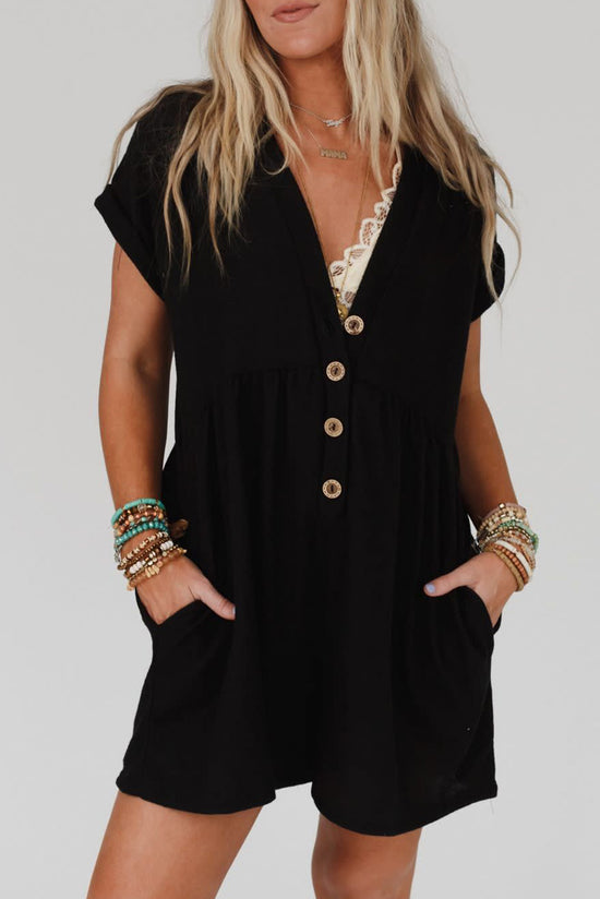 Black short sleeve romper with loose lapels with buttons and V-neck