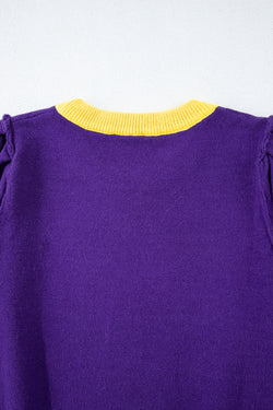 Short sleeve sweater with rugby purple sequins rugby colored blocks