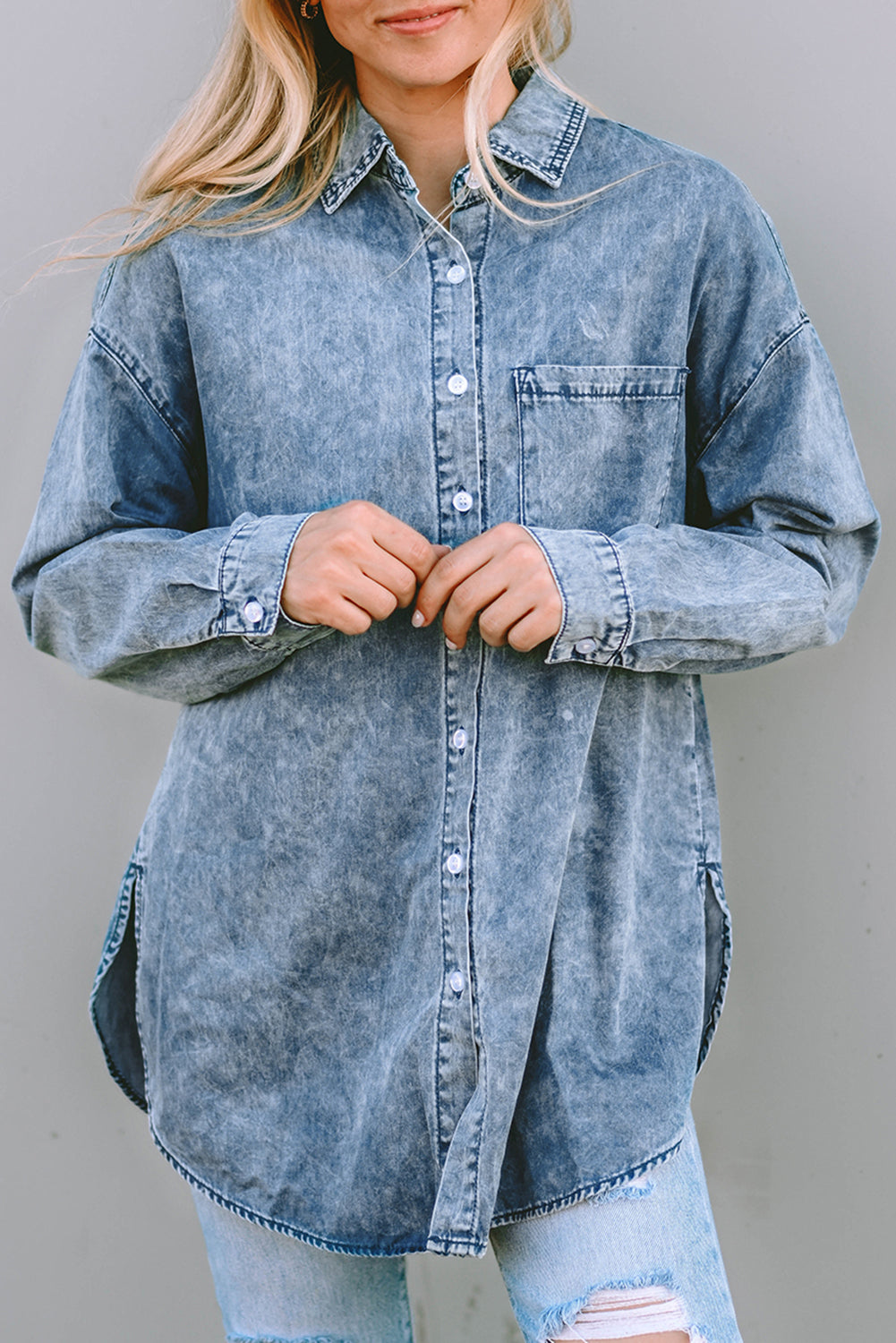 Sky Blue Vintage Washed Pocket Pocket Denim Shirt